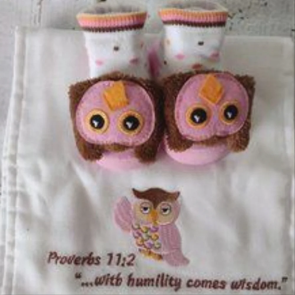 👶 Burping Pad With Scripture And Pink Owl Rattle Socks Set - Picture 2 of 6